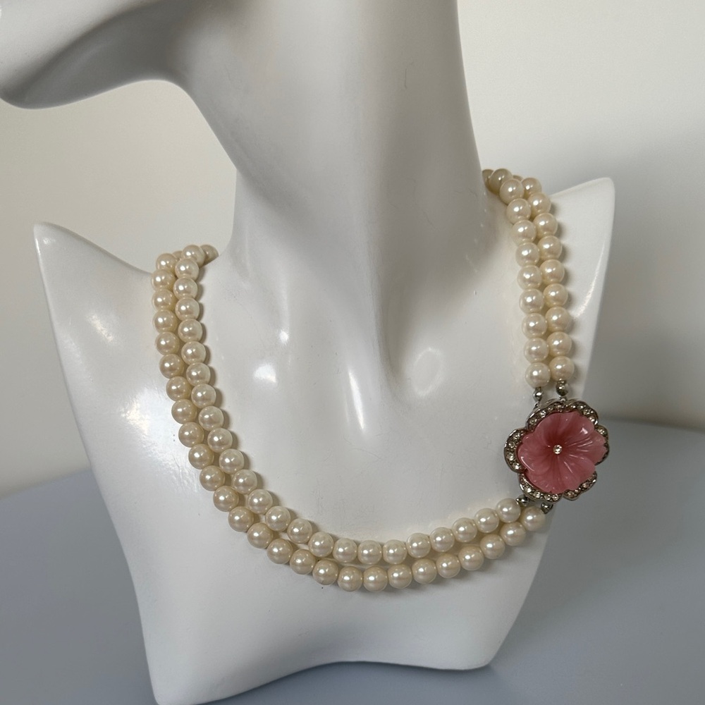 Kenneth Jay Lane Cream Pearl Necklace with Pink Floral Accent